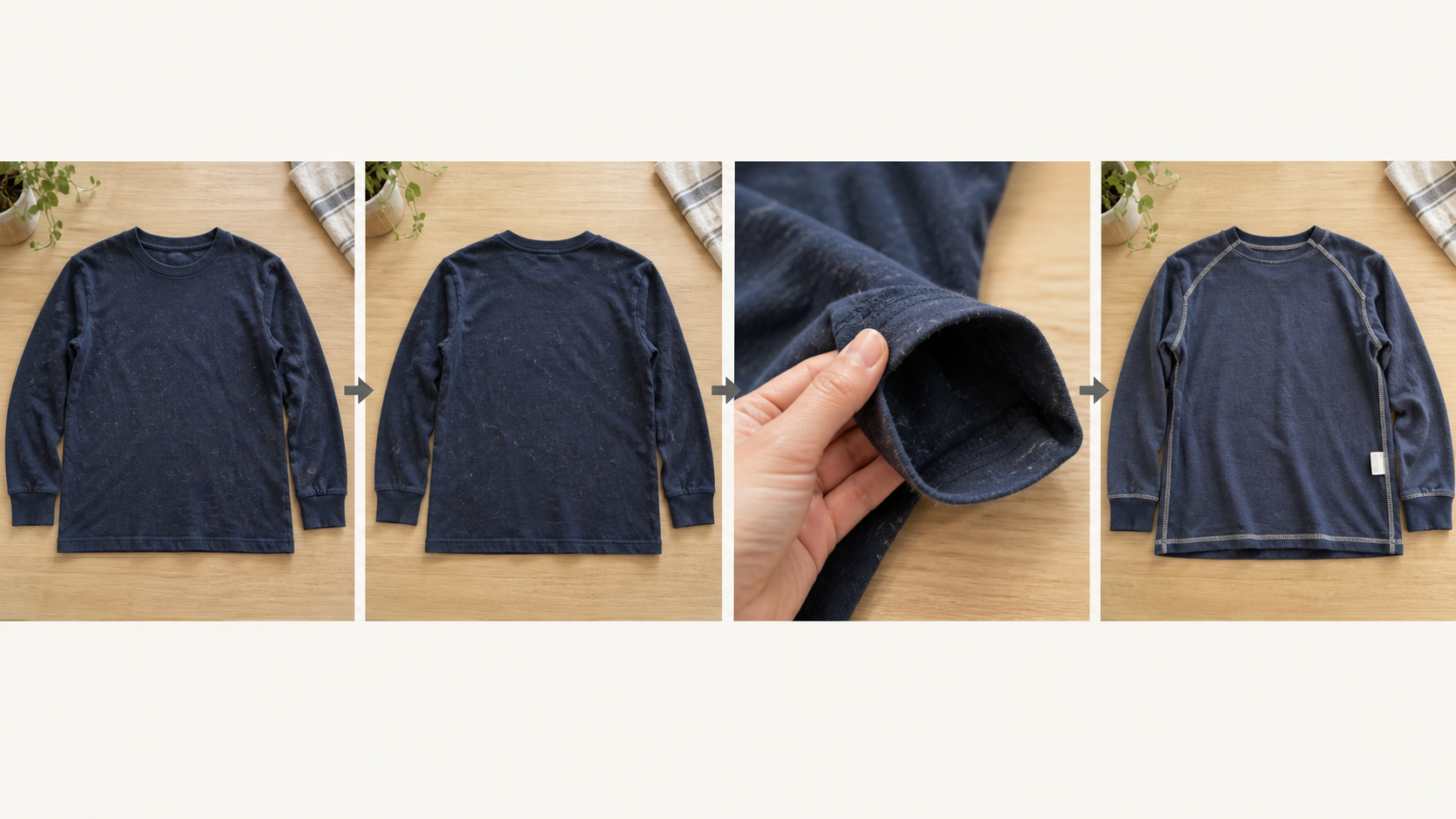 紺色の服の表側、背中側、袖口、裏返した内側を左から順に矢印で示した図