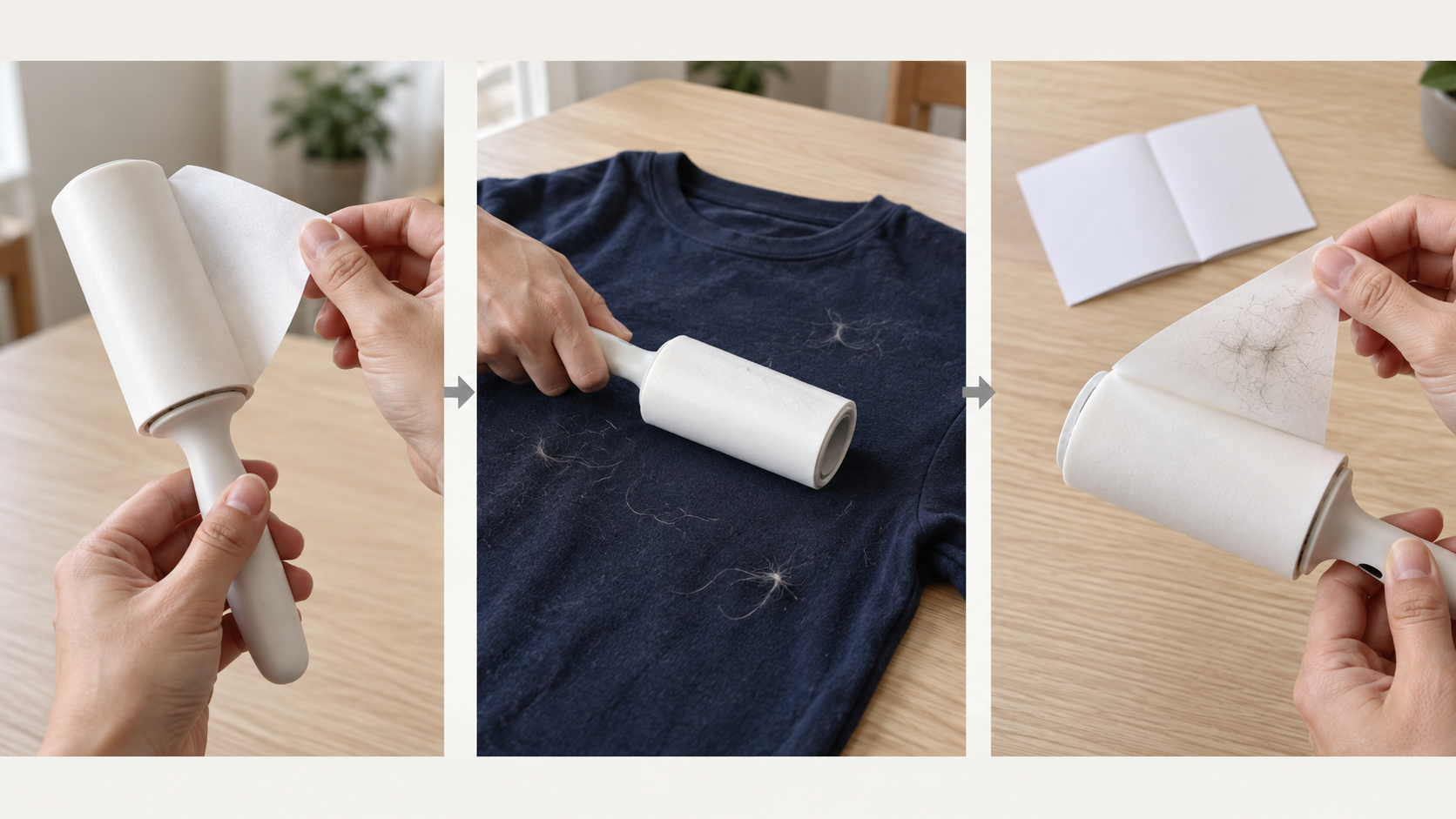 粘着クリーナーの保護紙を外す手元、服の上で転がす手元、毛が付いたシートをめくる手元